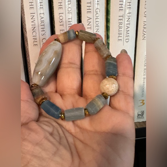 LEMURIAN AQUATINE BARRELS + MUSHROOM JASPER NATURAL STONES BRACELET size 7” - Picture 12 of 12